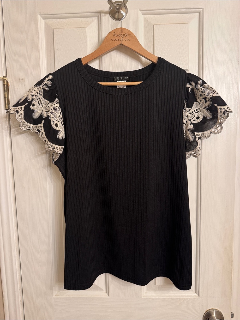 VENUS Black Ribbed Tee with White Floral Lace Sleeves